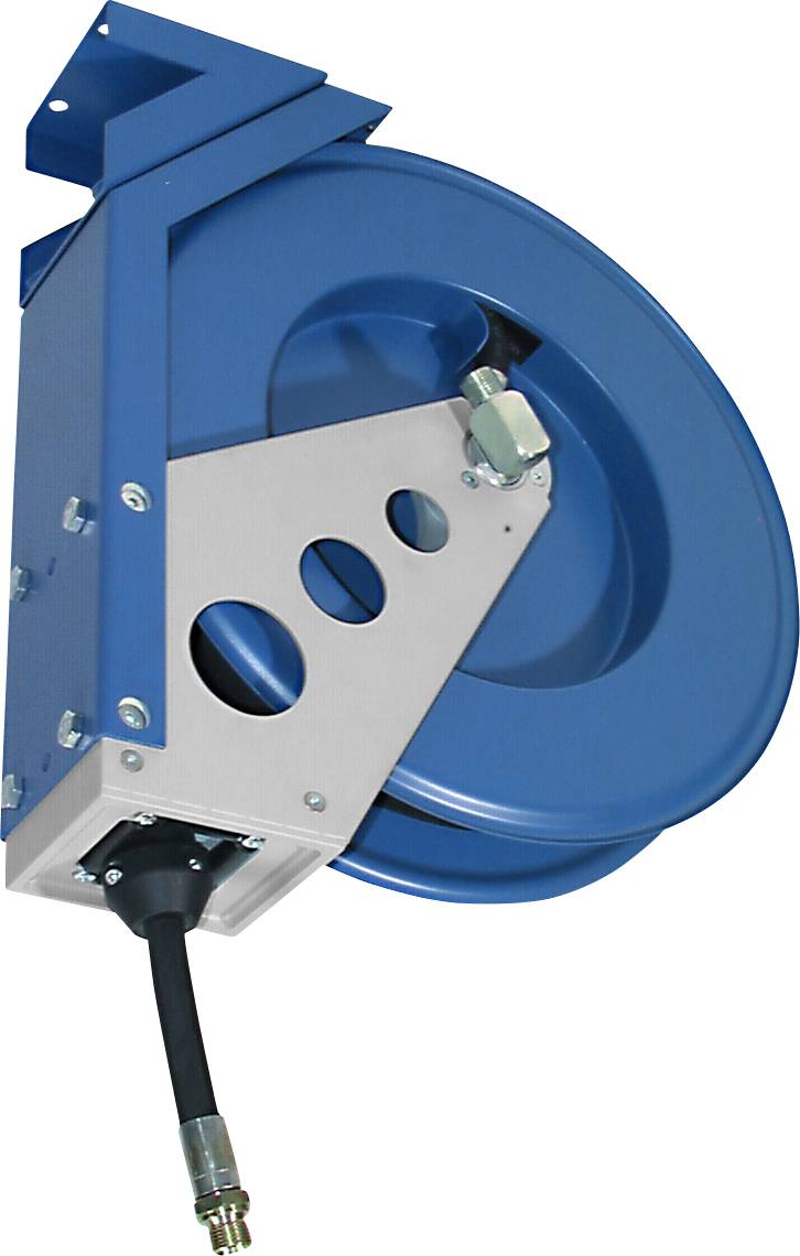 A blue cable reel housing with hose and connection, mounted on a wall bracket, suitable for technical applications.