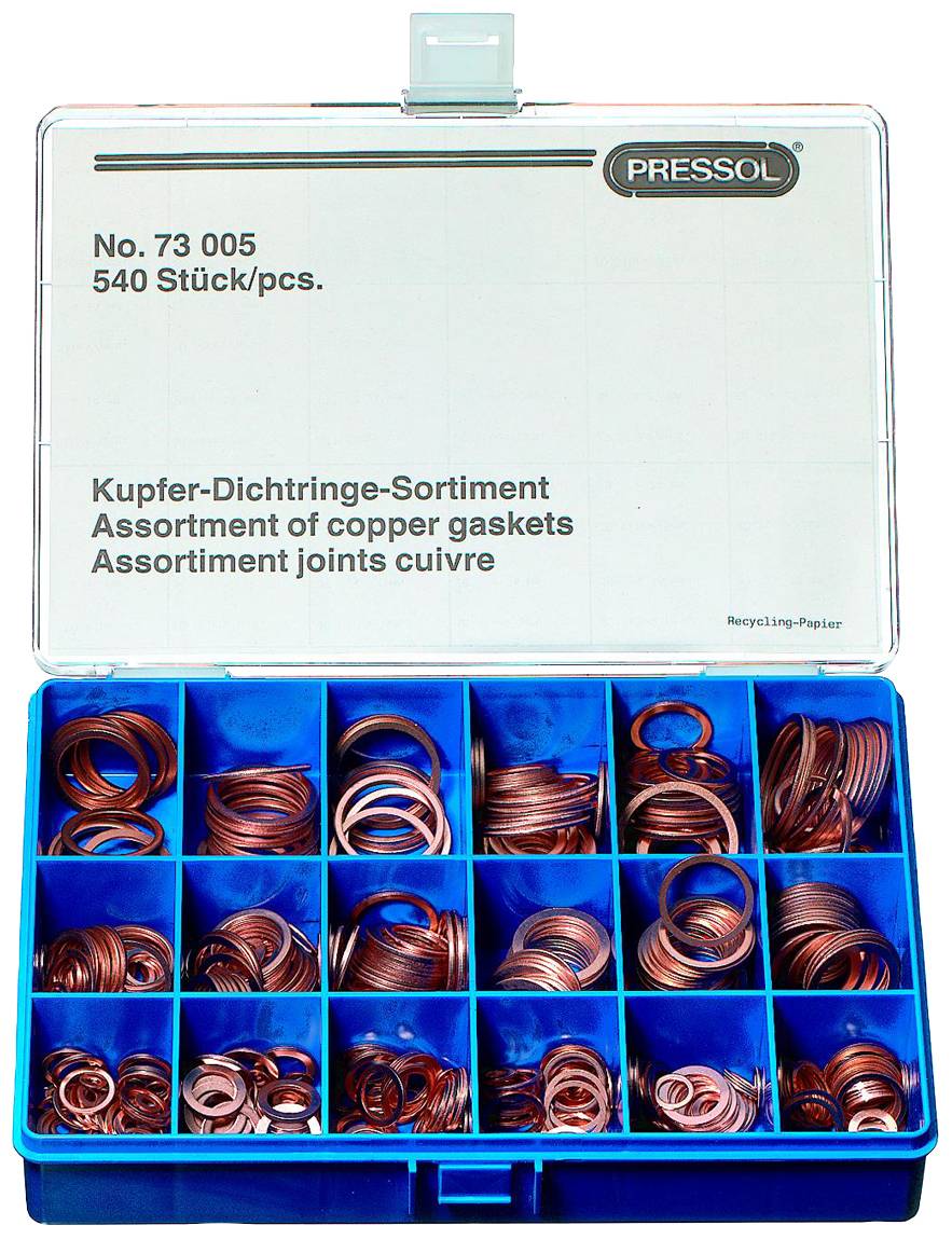 A selection box containing 540 copper sealing rings, divided into compartments. The lid is labelled with the description and quantity.