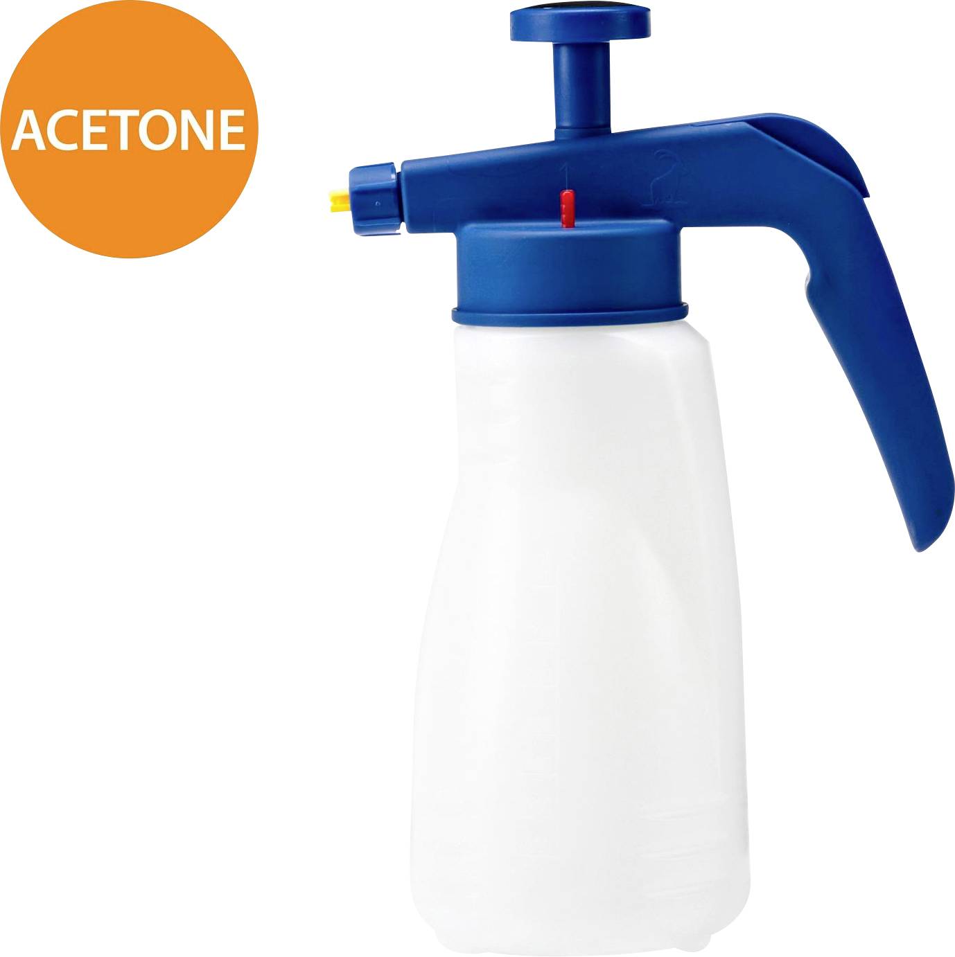 Blue-nozzled spray bottle with a handle, labelled 'Acetone'.