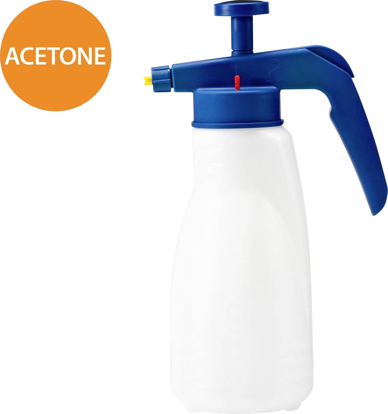 A white plastic bottle with a blue spray pump, marked with 'ACETONE' in an orange circle.