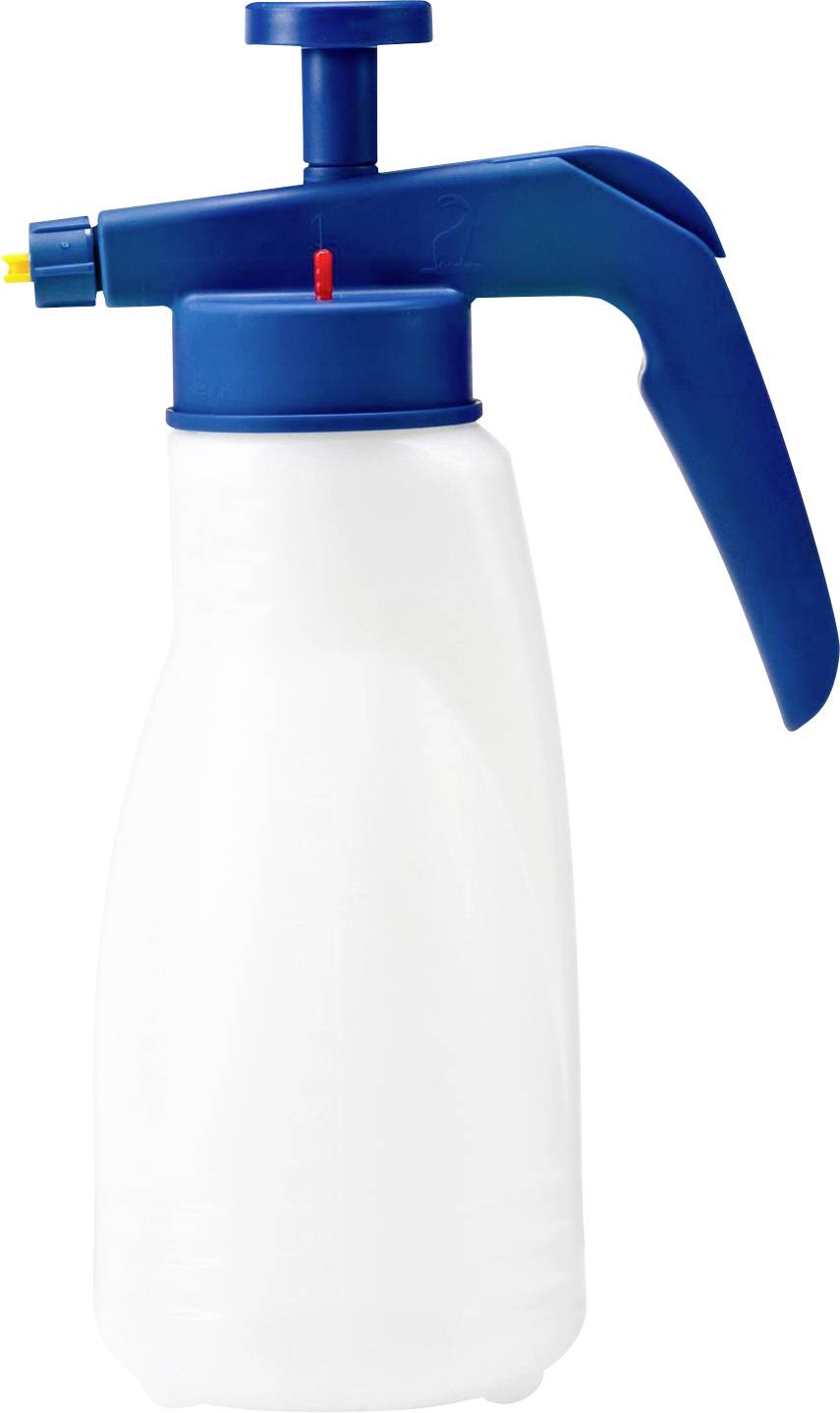 A white pump spray bottle with a blue handle and cap, suitable for cleaning or gardening.
