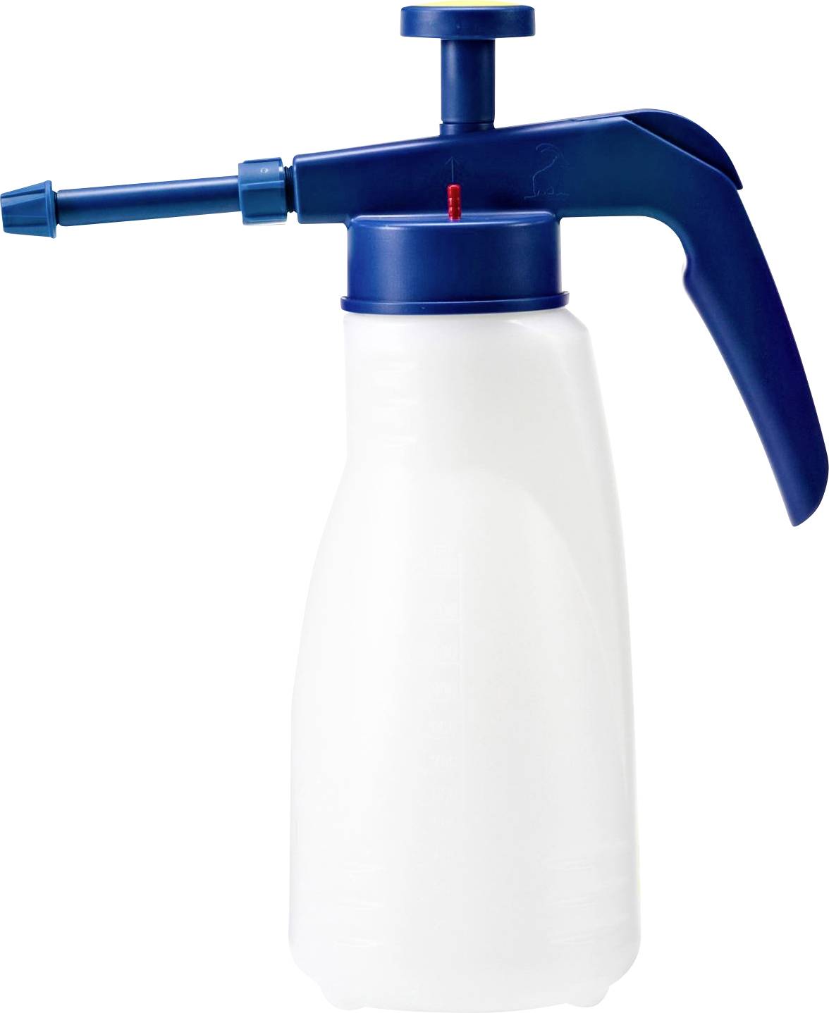 A white spray bottle with a blue handle and spray mechanism, suitable for cleaning products or garden care.