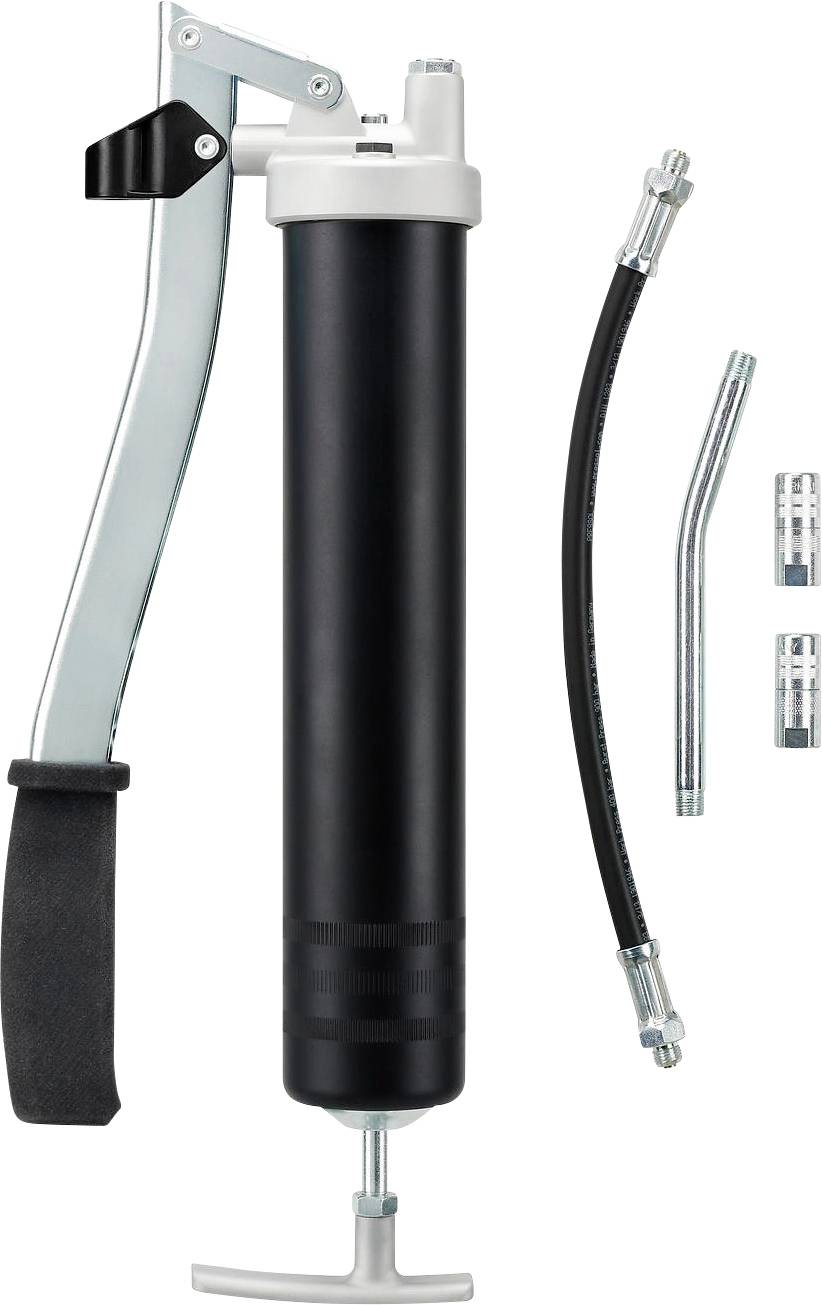 Grease gun with hand pump, flexible and rigid hose, suitable for lubrication work in workshops or private garages.