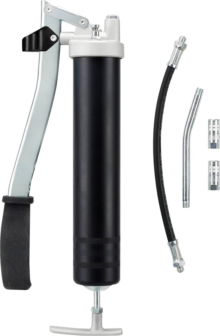 Hand grease gun with a long, black cylinder, lever handle, flexible hose and two metal attachments, for lubrication purposes.
