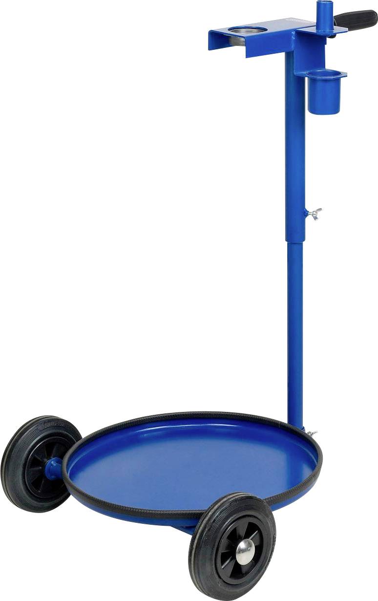 Blue transport trolley with a circular platform and two large wheels, suitable for easy transportation of heavy items.