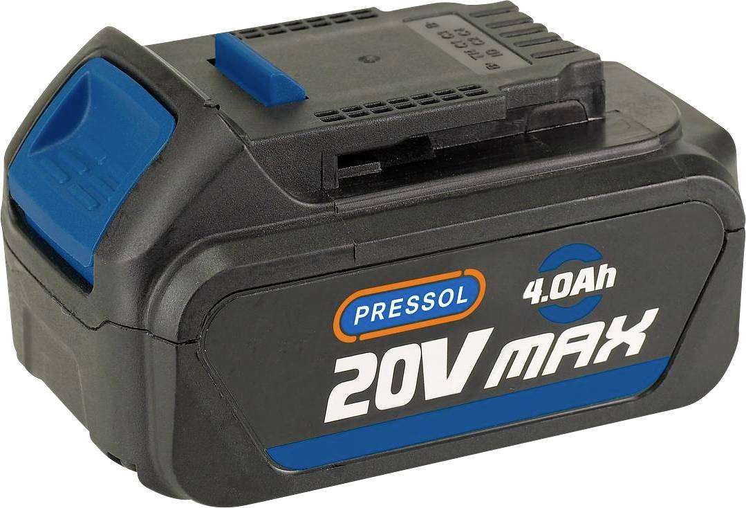 Battery Pack 20V Max, 4.0Ah by Pressol. Black housing with blue and orange company logo. Compatible with various power tools.