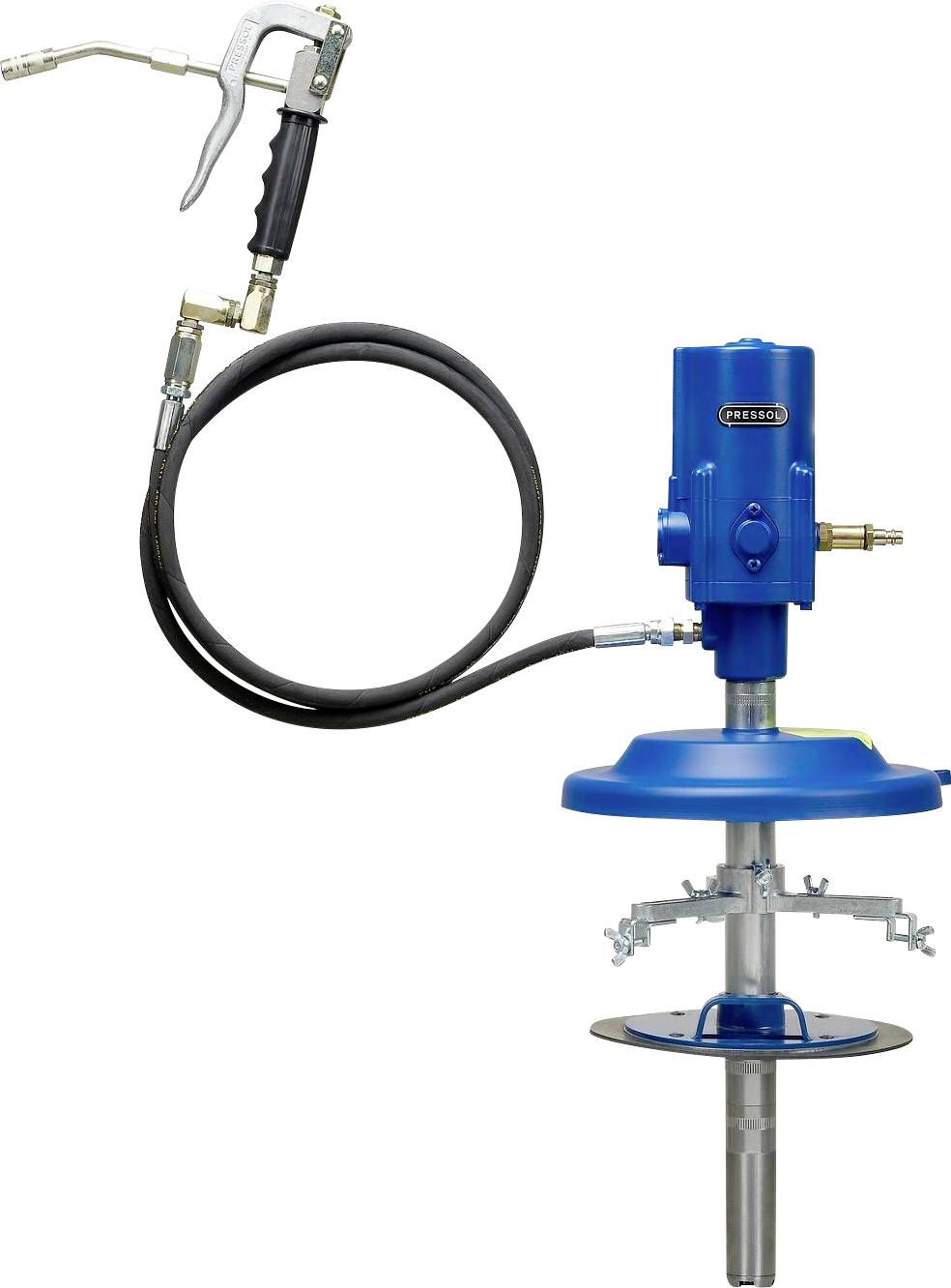 A blue pneumatic grease pump with hose and hand grip attachment. Primarily used for lubricating mechanical parts.