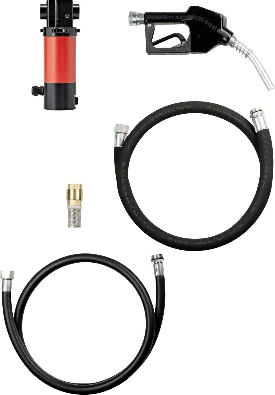 Set comprising fuel nozzle, pump, two hoses and connecting piece, suitable for fuel transfer.