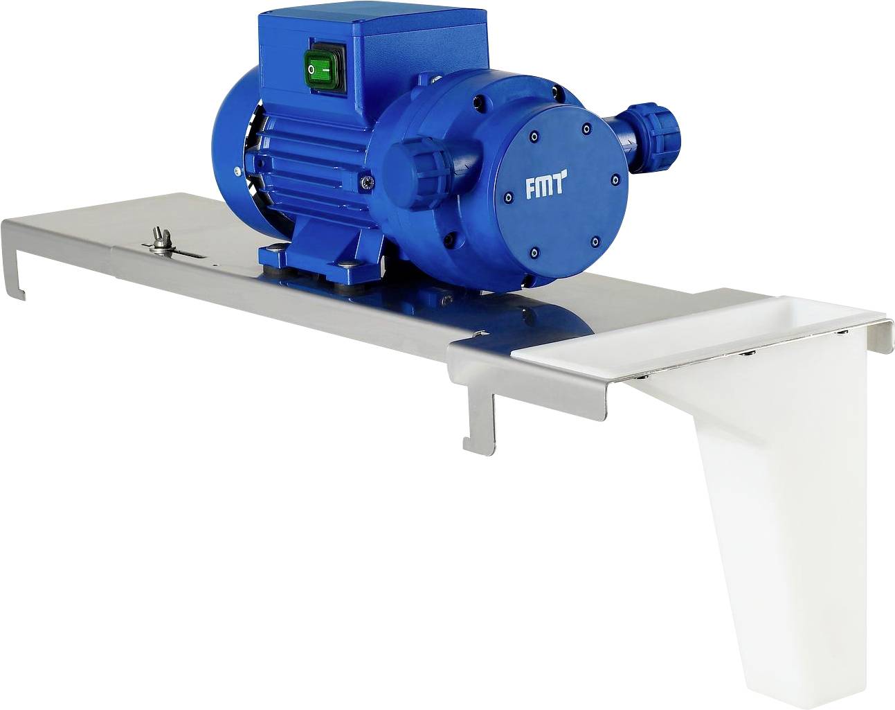 Blue electric motor on a metal frame, used in industrial applications, stands on a white surface.