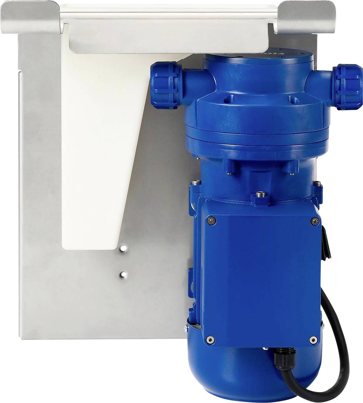 Blue industrial motor mounted on a metal wall, potentially part of a pump system.