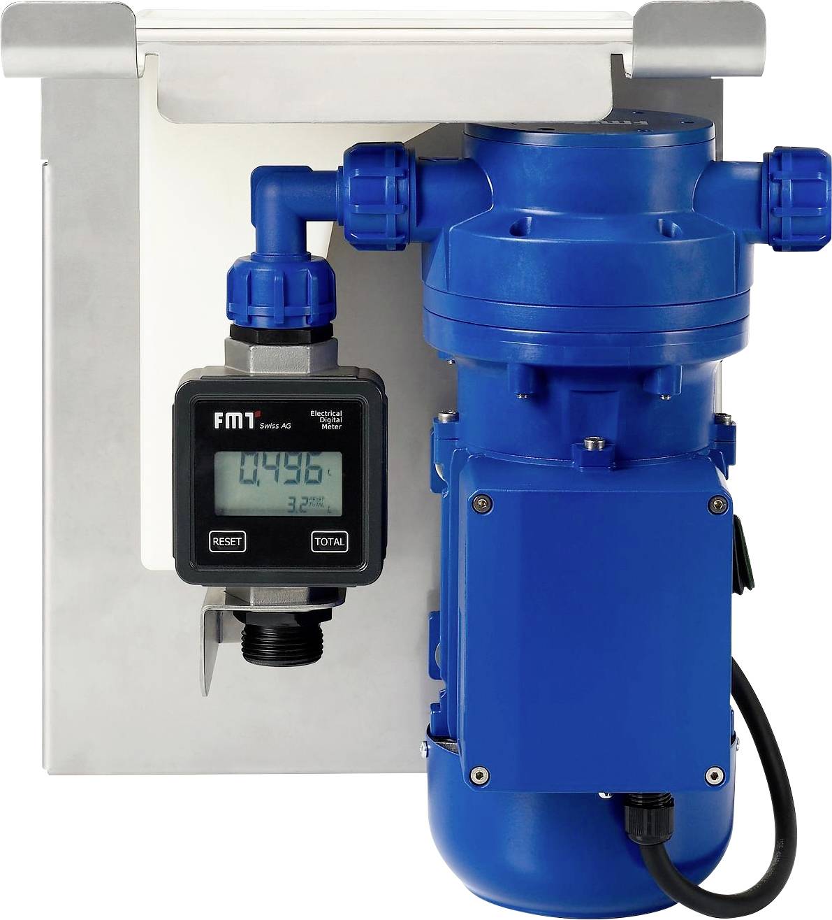 Blue flow meter with digital display, showing '0.458 m³'. Mounted on metal plate with connections at top and bottom.