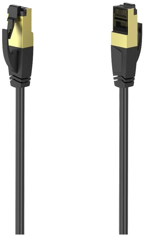 A black Ethernet cable with gold contacts, fitted with RJ45 connectors on both ends, suitable for network connections.