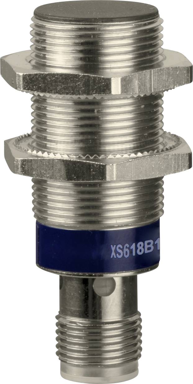 Inductive proximity sensor in cylindrical threaded form, typically made of metal, suitable for automatic industrial applications.