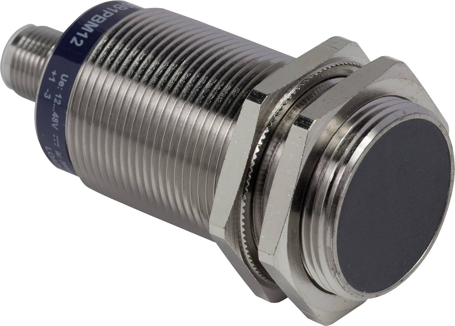 A cylindrical metal sensor, likely a proximity sensor, with a flat black end and threading for mounting.