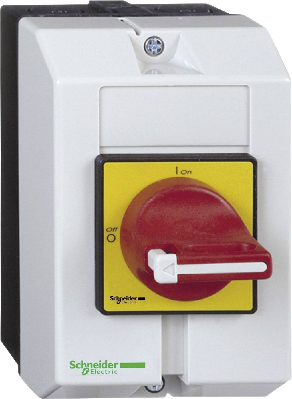 A red switch on a yellow background, surrounded by a white casing. 'Schneider Electric' text in the bottom left.