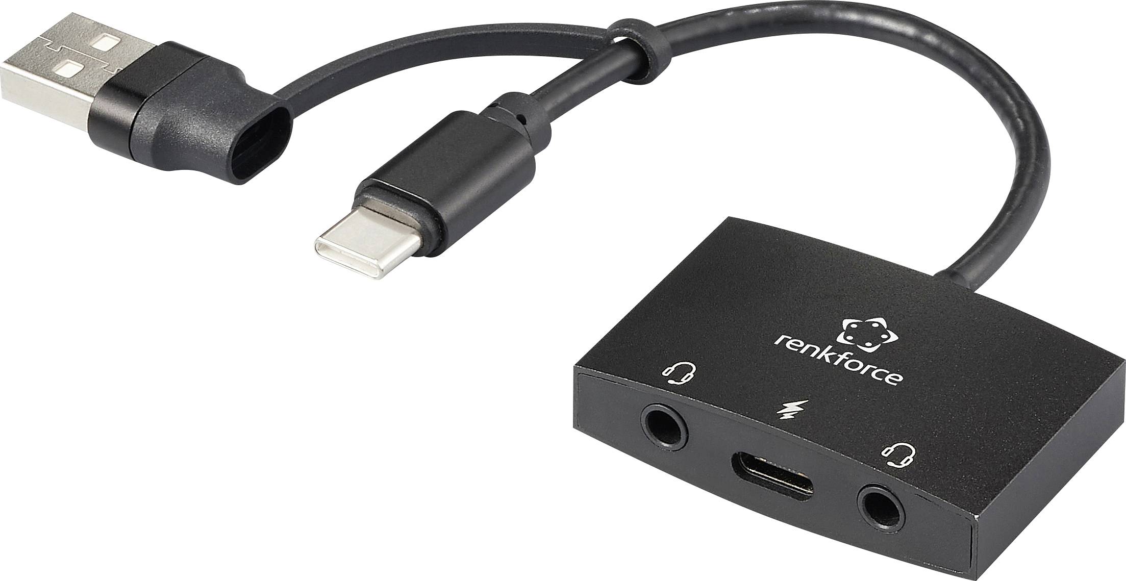 Adapter with USB and USB-C plugs on one side, and two audio ports and a USB-C port on the other. Suitable for audio connections.
