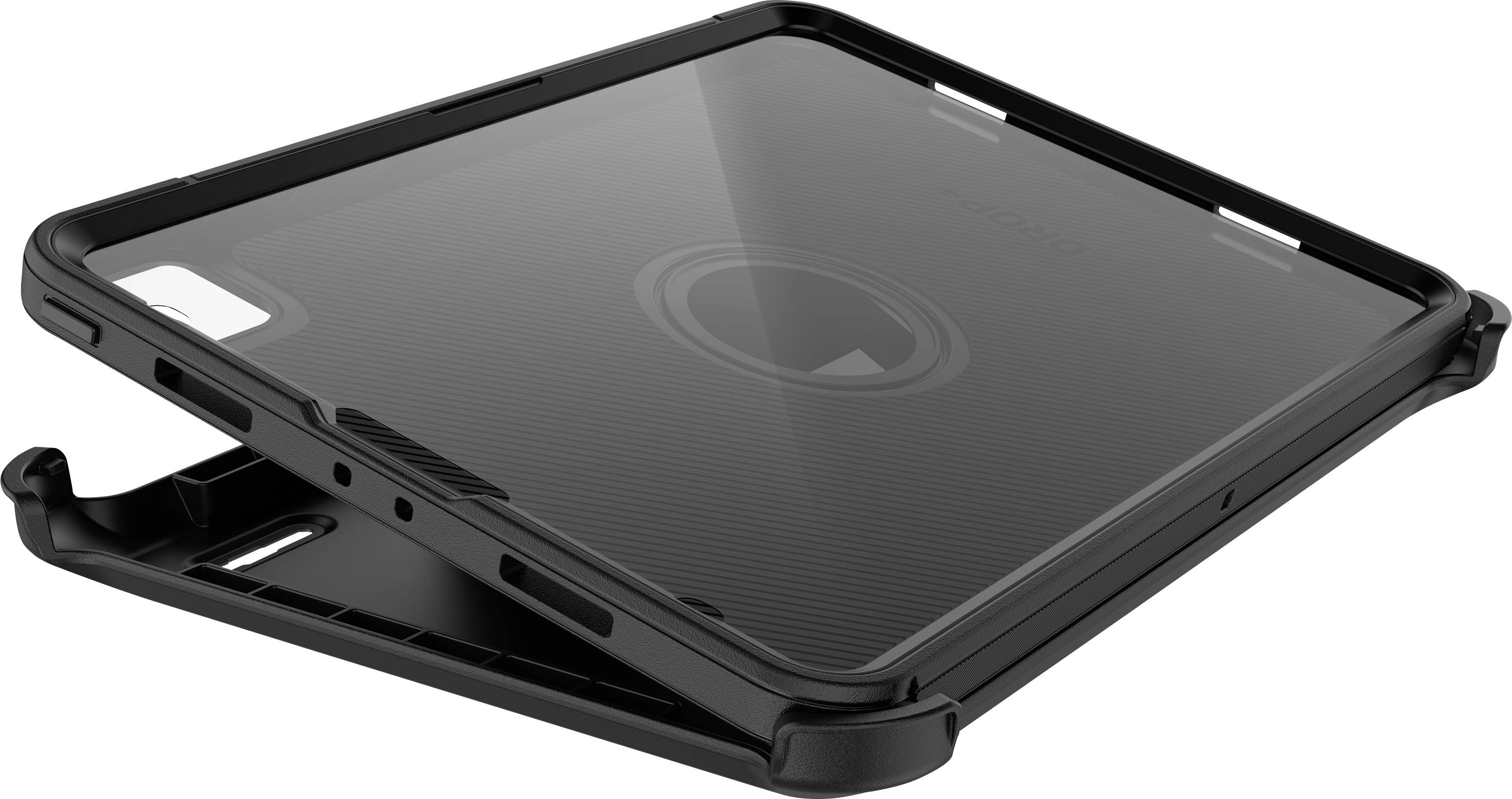 A black iPad case with a protective cover and robust design, shown slightly opened.