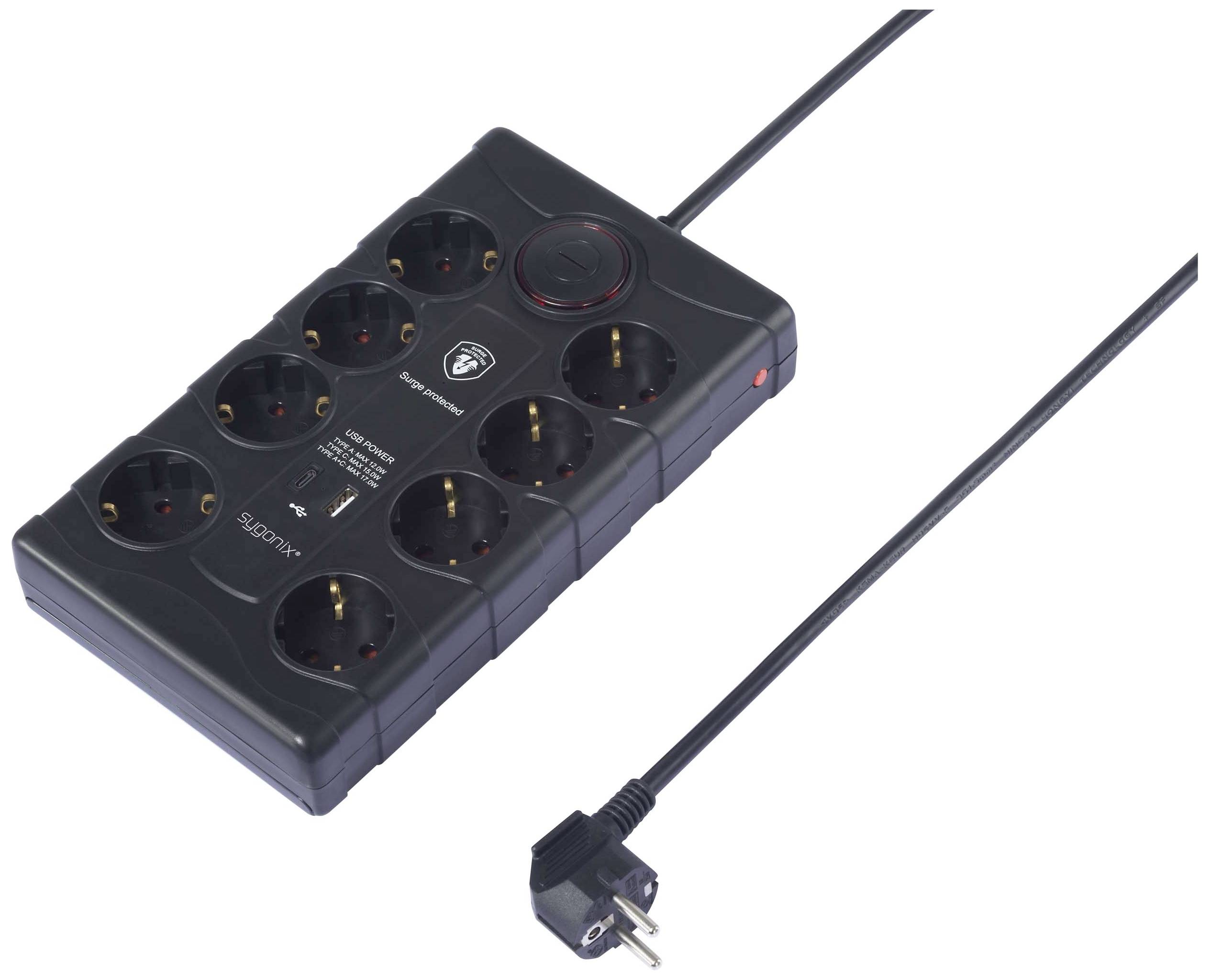 A black multi-socket extension with eight socket outlets and an on/off switch, connected with a cable and plug.