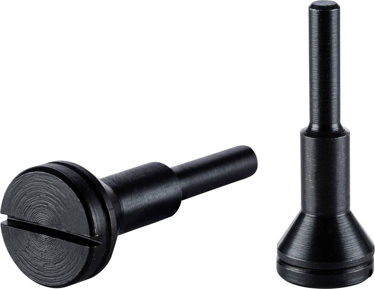 Two steel machine parts on a white background; one has a slotted head, the other a conical base.