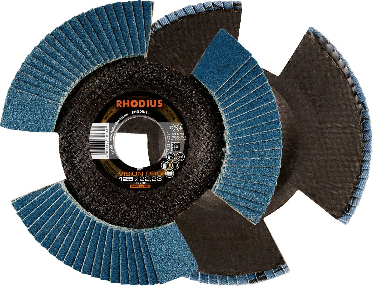 Rhodius grinding disc, Vision Pro model, 125 mm diameter, mounting bore 22.23 mm, with multiple grinding lamellas.