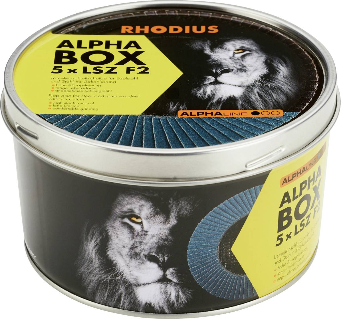 Round metal tin with lion motif, inscription 'ALPHA BOX 5 x LSZ F2', contains grinding discs. Brand name at the top: 'RHODIUS'.