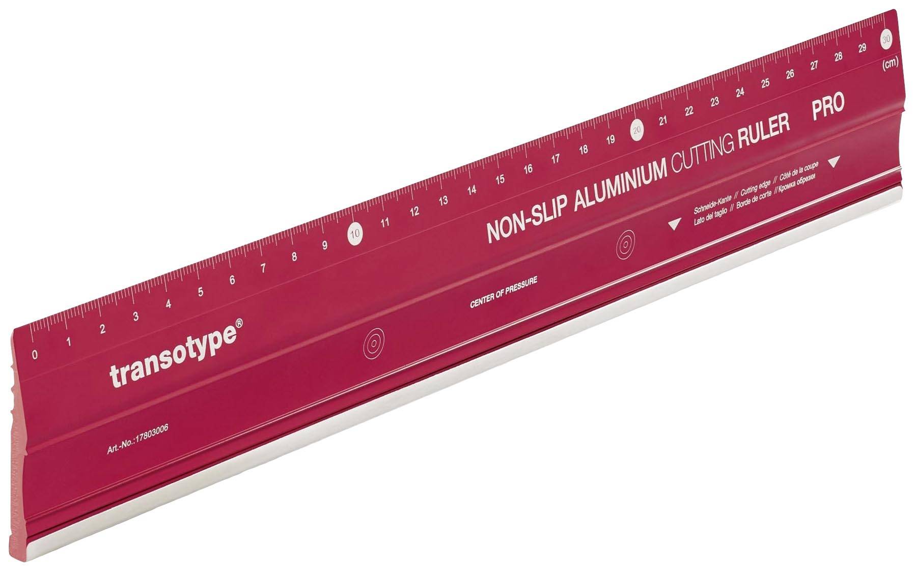 Red, non-slip aluminium cutting ruler with centimetre and inch scales, suitable for precise cutting work.