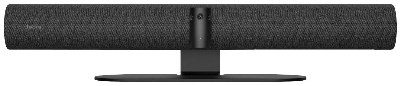 Wide black speaker with central camera, mounted on a stand. Suitable for conference rooms.