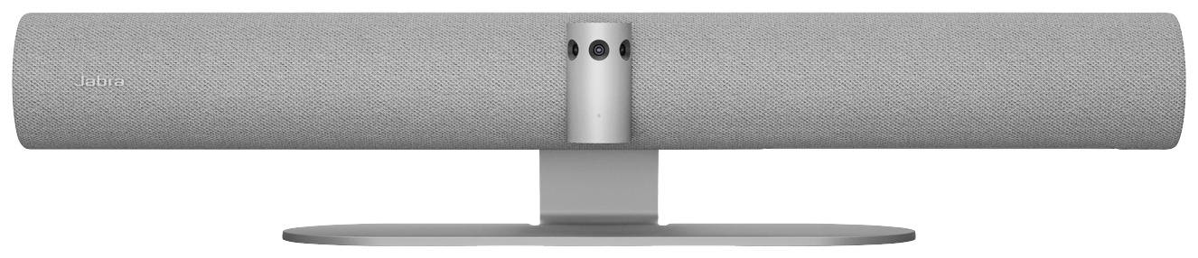 A grey soundbar on a silver stand with an integrated camera and microphone module in the centre.