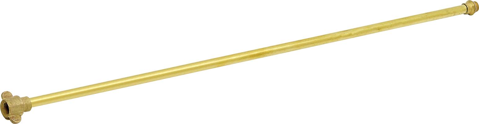 Golden telescopic curtain pole with decorative finials, extended and suitable for hanging curtains.