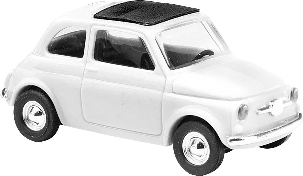 A white vintage-style model car with a black roof sits on a light background.