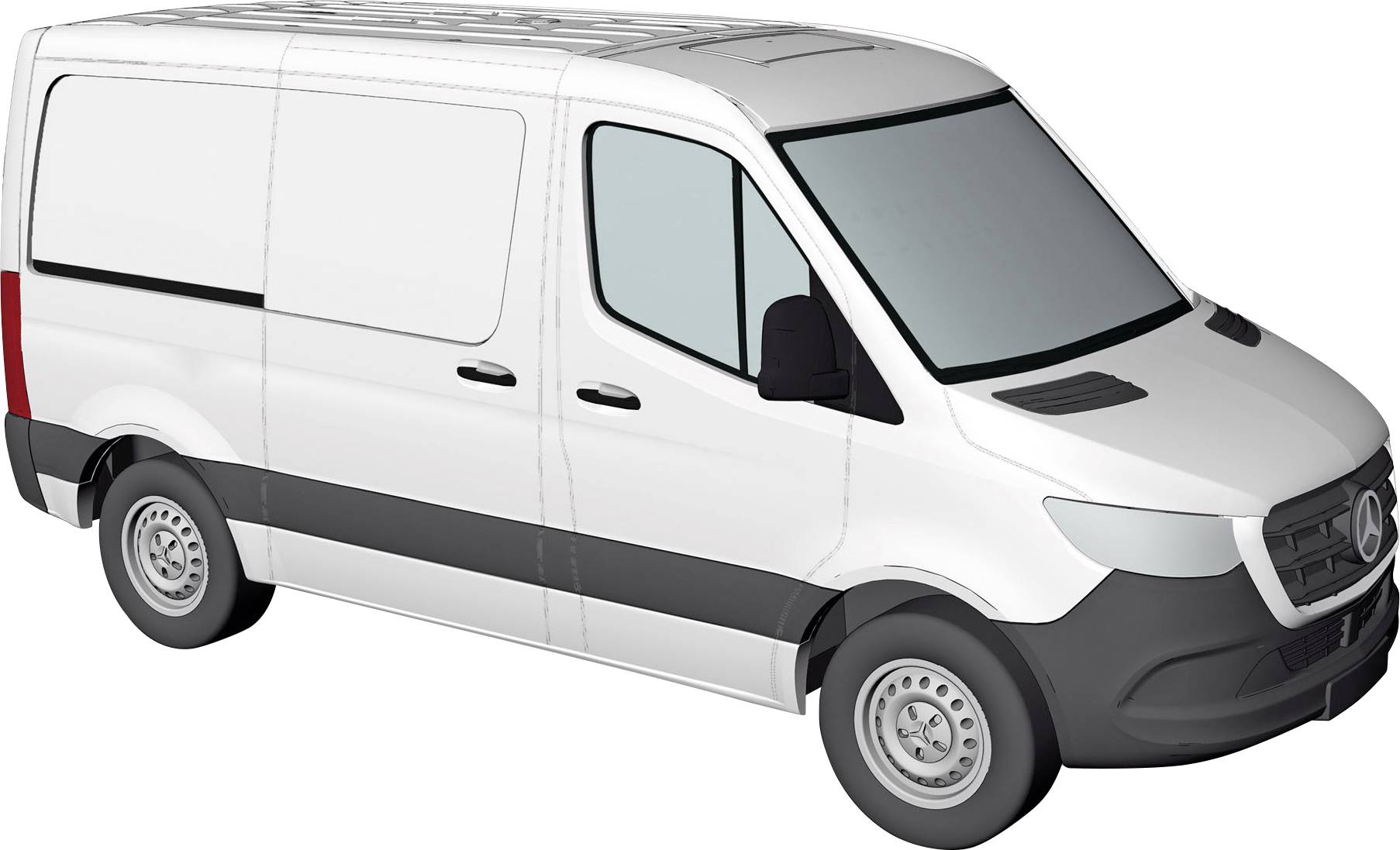 White van viewed from an angled front perspective, with a side door and windows in the front section.