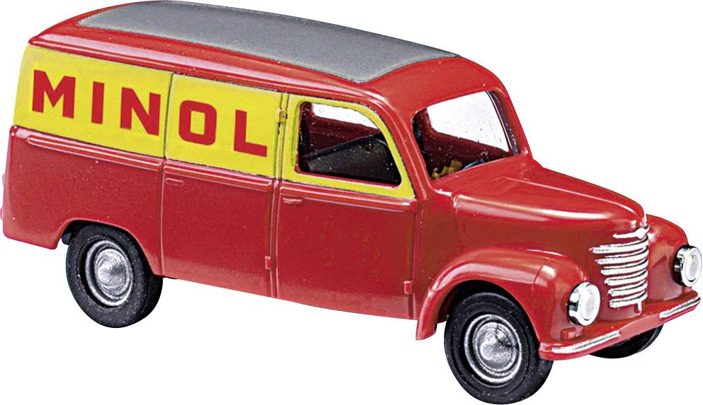 Red model car of a vintage car with a yellow 'MINOL' logo on the side.
