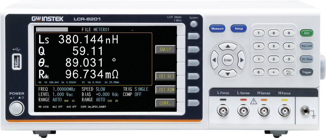 Measuring device shows inductivity of 380.144 nH, quality factor of 59.11 and resistance of 96.734 mΩ. Buttons and rotary knob for adjustment are available.