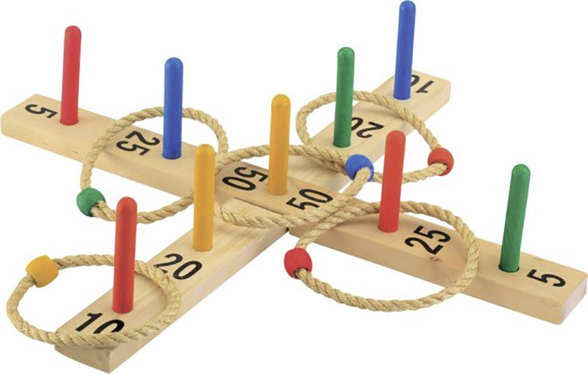 Wooden ring throwing game with colourful sticks and numbered points, displayed on a wooden cross indicating the scores.