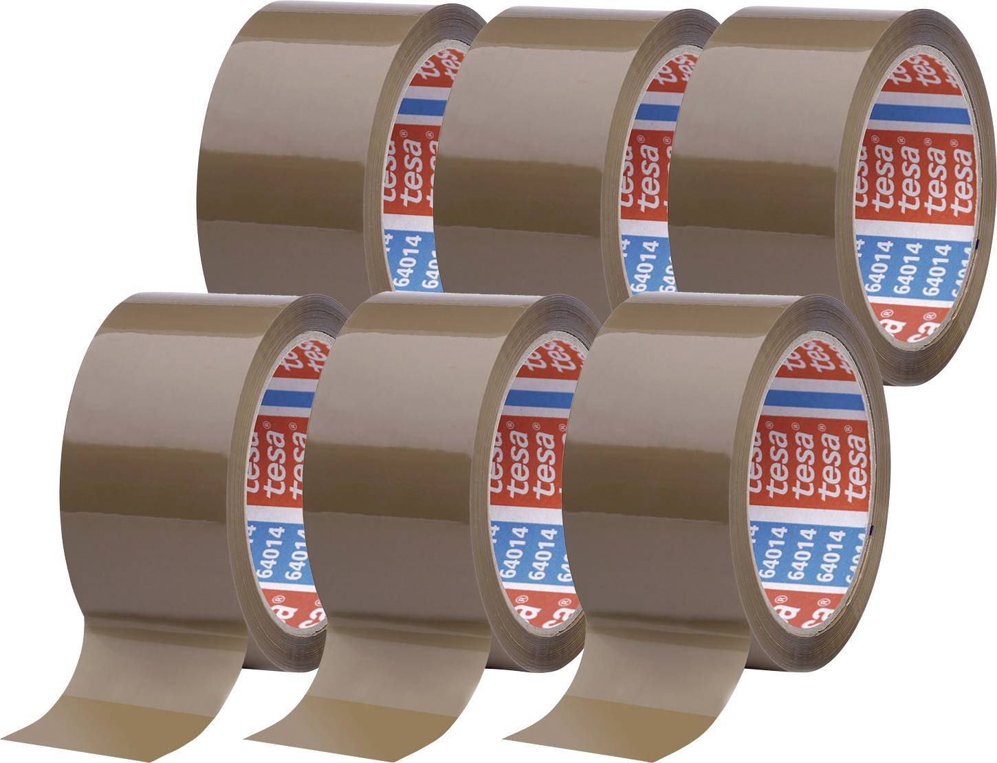 Six brown rolls of adhesive tape, arranged in two rows of three, with red and blue stickers inside the roll.
