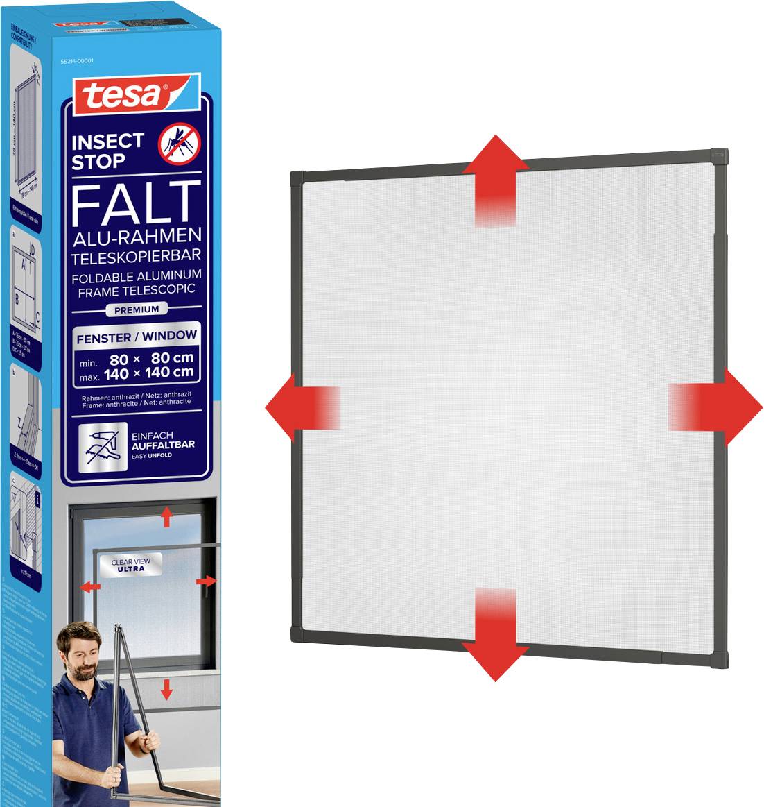 Product packaging for tesa Insect Stop foldable aluminum window screen, showing a square screen frame with red arrows indicating adjustable expansion in all directions.