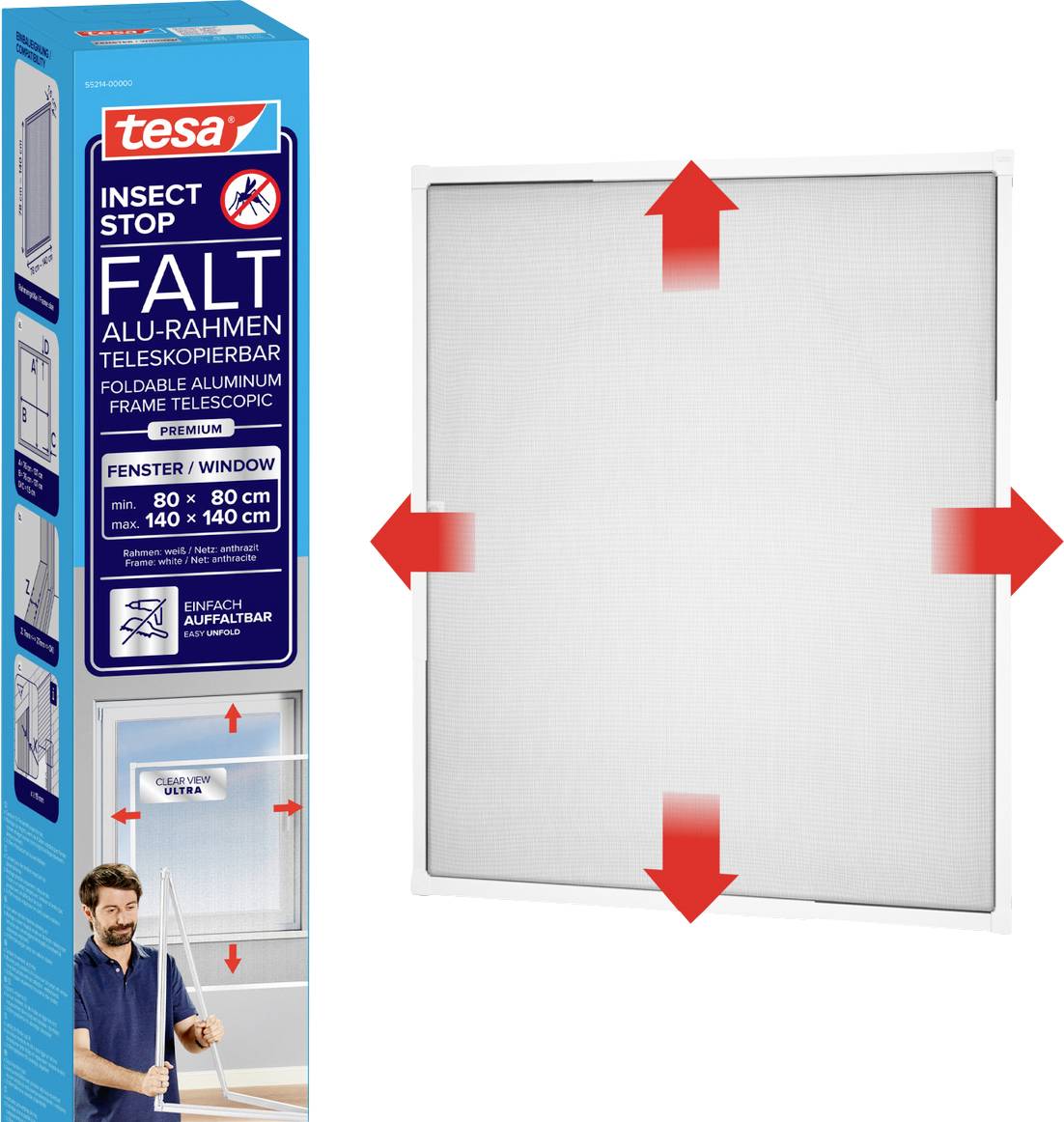 Image of a tesa Insect Stop foldable aluminum window screen, with a blue product box and a white mesh screen shown with arrows indicating expandability.
