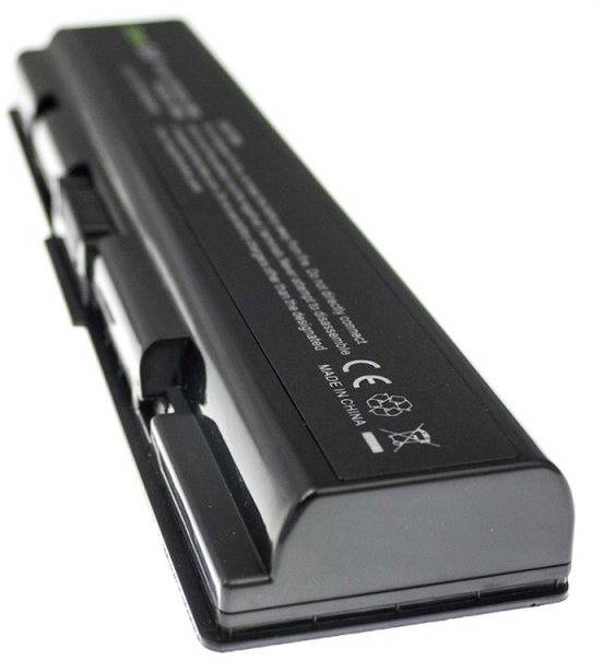 A black laptop battery, rectangular with multiple cells. Recycling and voltage symbols are present on its surface.
