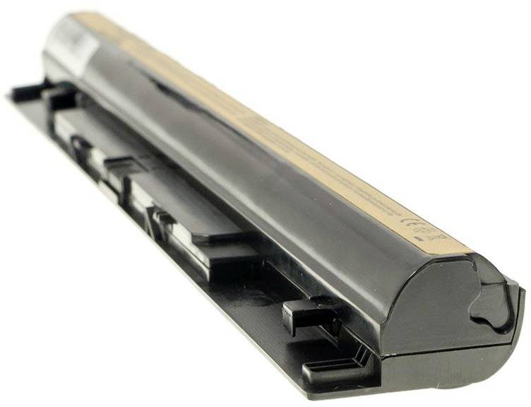 A black laptop battery in an elongated, rectangular shape, with visible connectors and a label on top.