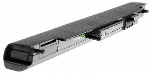 Black laptop battery with a rectangular shape and multiple connection points, suitable for portable computers.