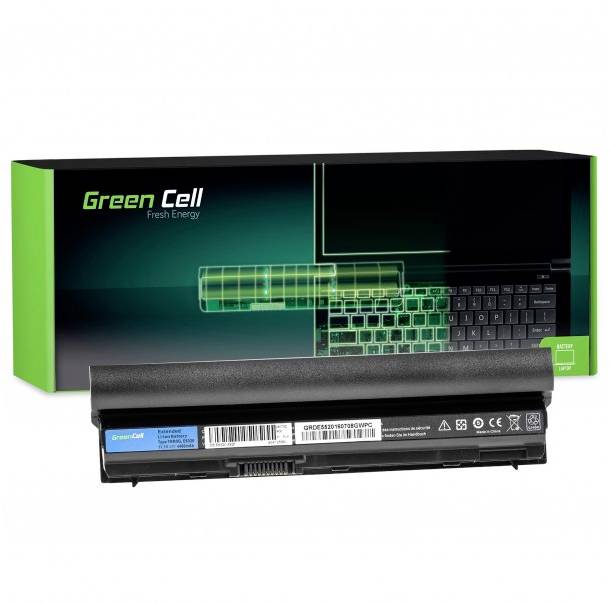 A black laptop battery from Green Cell in front of its matching green packaging with the inscription 'Green Cell Fresh Energy'.
