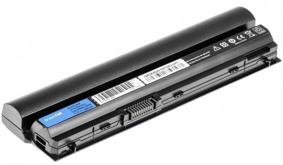 Black laptop battery with product label, rectangular shape, multiple connection contacts, plug at each end.