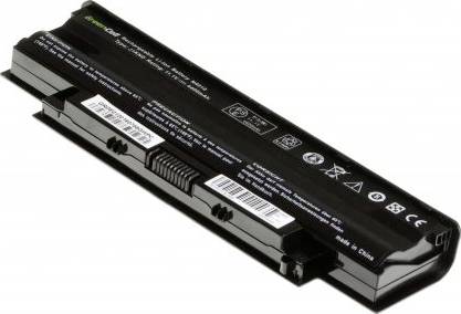 Black laptop battery with technical specifications and safety instructions printed, marked with usage symbols.