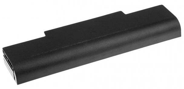 Black laptop battery with a rectangular shape and smooth surface, designed to power a laptop.