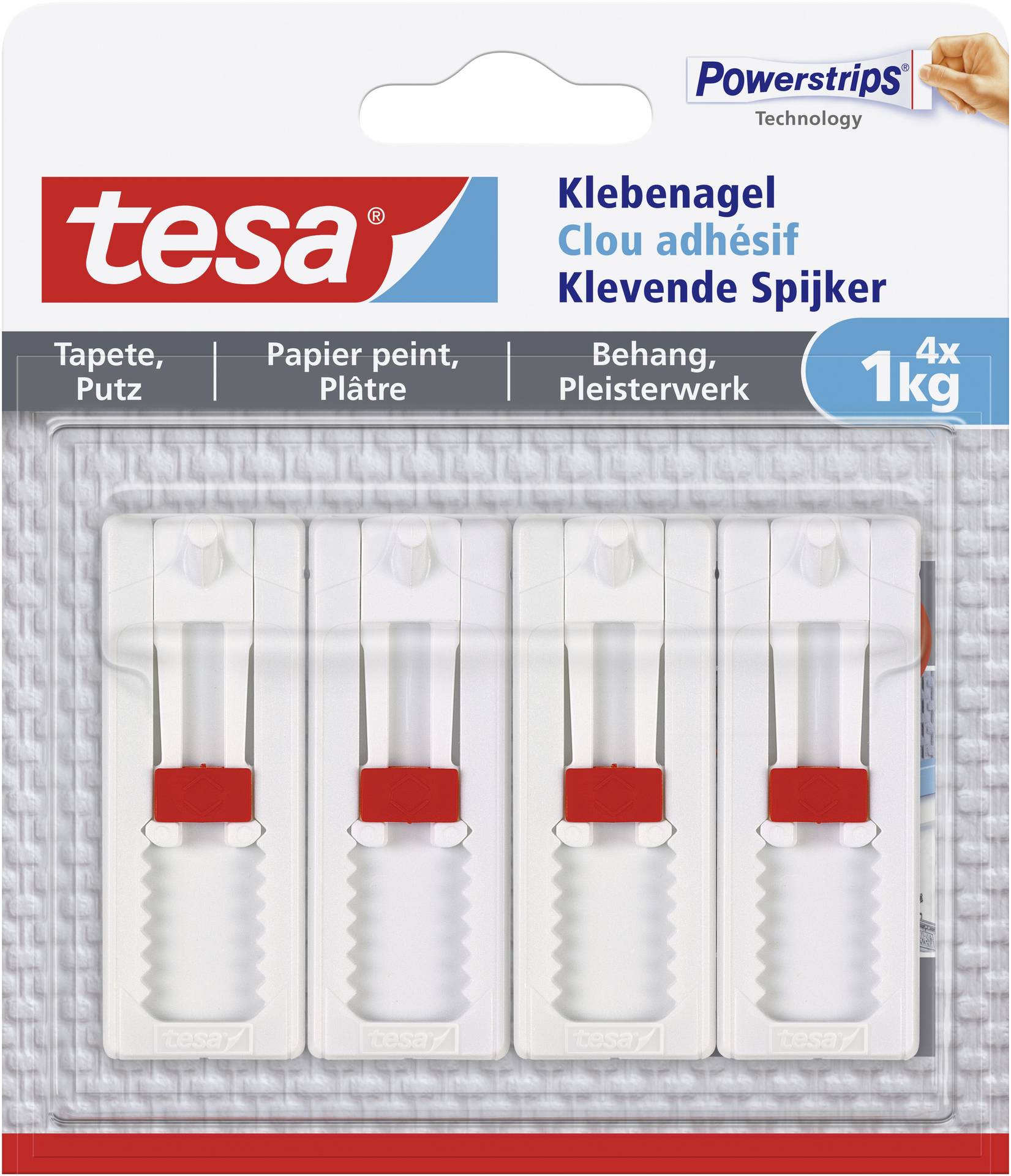 Four white adhesive nails from tesa, suitable for wallpaper and plaster, each holding up to 1 kg. Packaging highlights the 'Powerstrips' technology.
