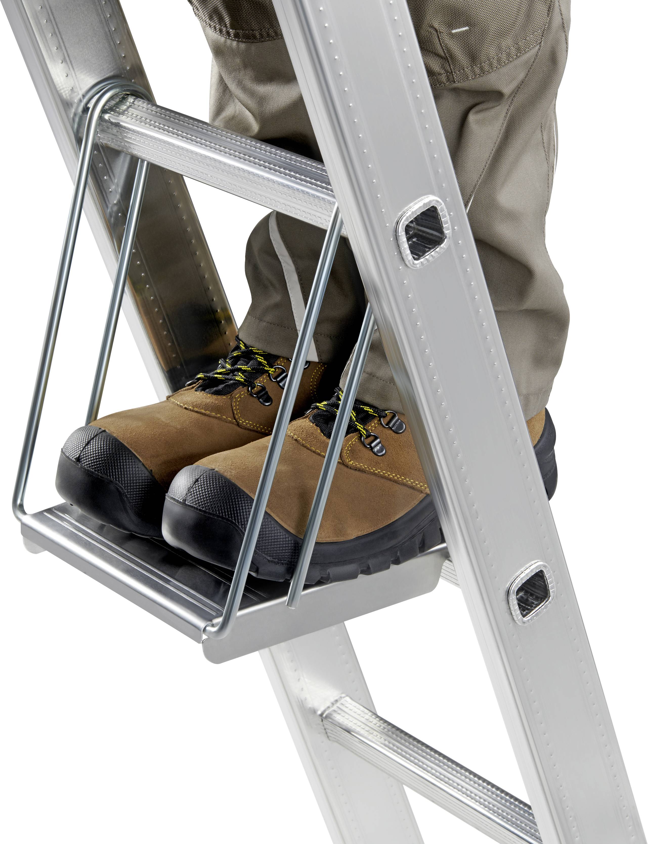 Safety attachment on a ladder: Worker wearing safety shoes stands on a step with an additional support frame for stability.