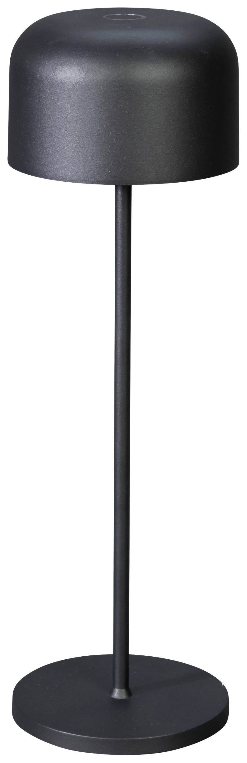 Black standing lamp with a round shade and slender base. Minimalist design, suitable for modern interiors.