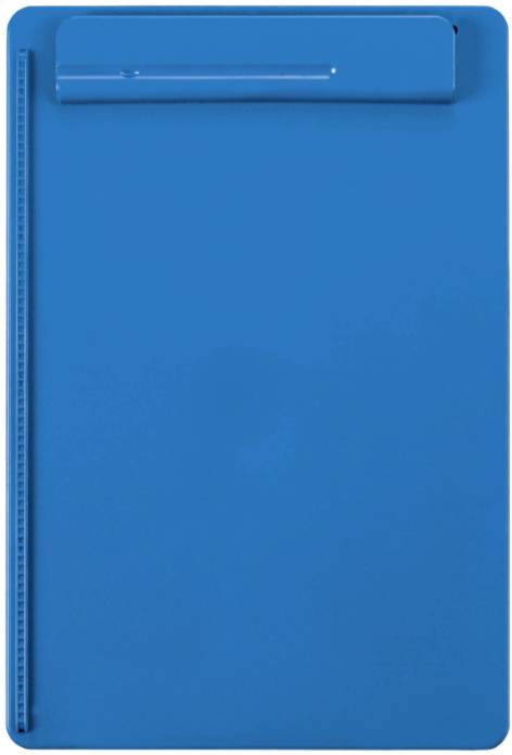 Blue clip folder with a ruler along the edge, suitable for holding paper documents.