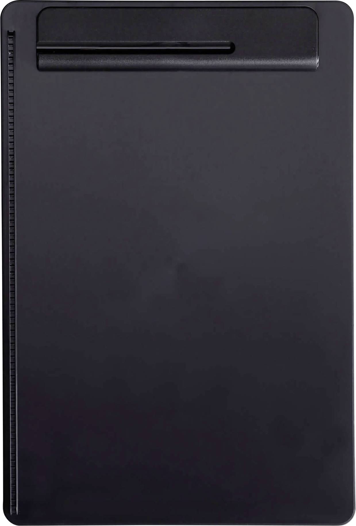 A black plastic clipboard with a clip at the top edge, typical for holding papers or forms.