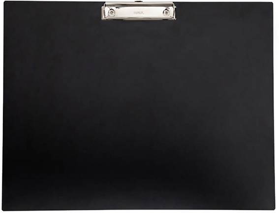 Black clipboard with a metal clip at the top. Ideal for holding paper while writing or drawing.